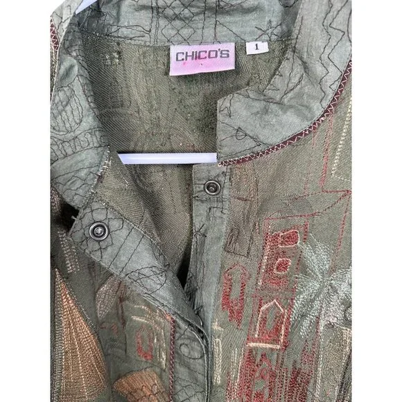 Chico's army green embroidered fashion jacket, size 1 - Picture 5 of 6